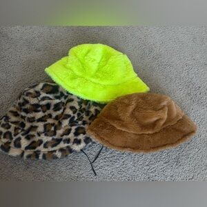 Leopard, Neon Yellow, and Brown Fuzzy Bucket Hats